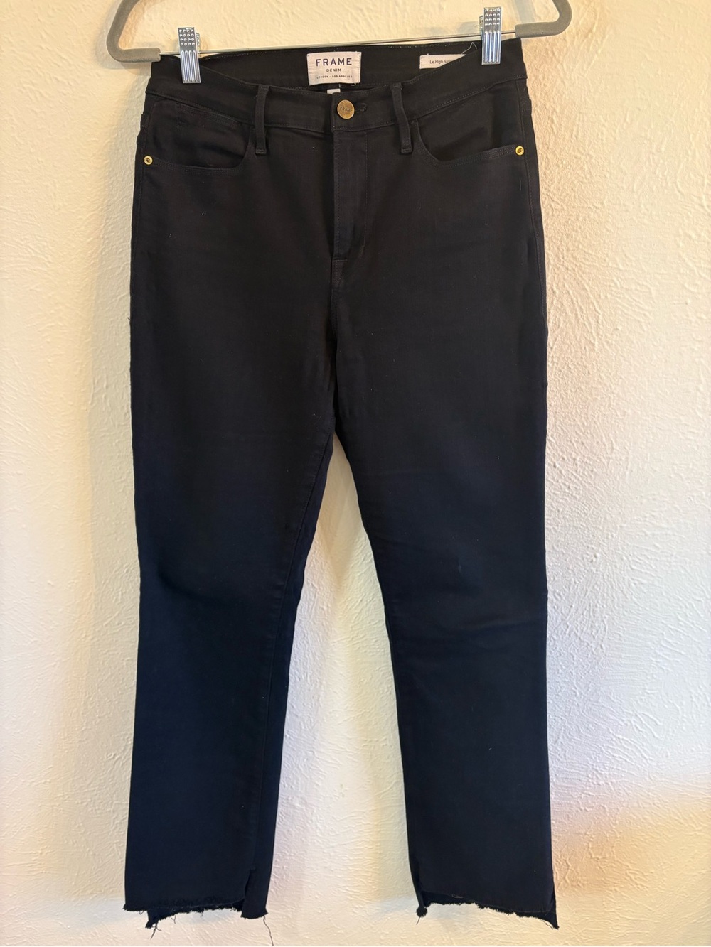 FRAME Le High Straight Black Jeans Raw Hem Size 28